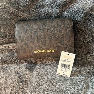 Michael Kors Dark Brown Signature MK Compact Wallet with Gold Logo